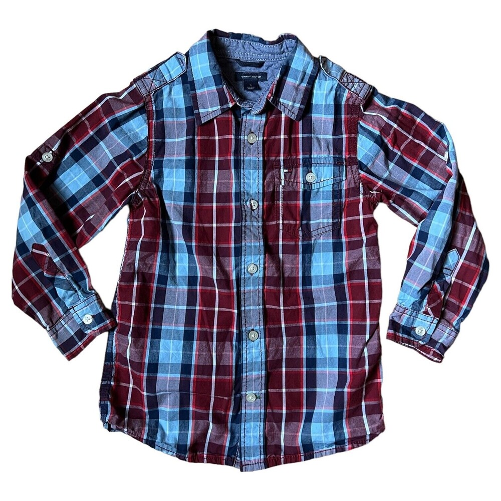 TOMMY HILFIGER Boys Button Up Size 5 Small Plaid Long Sleeve Pocket Red Blue